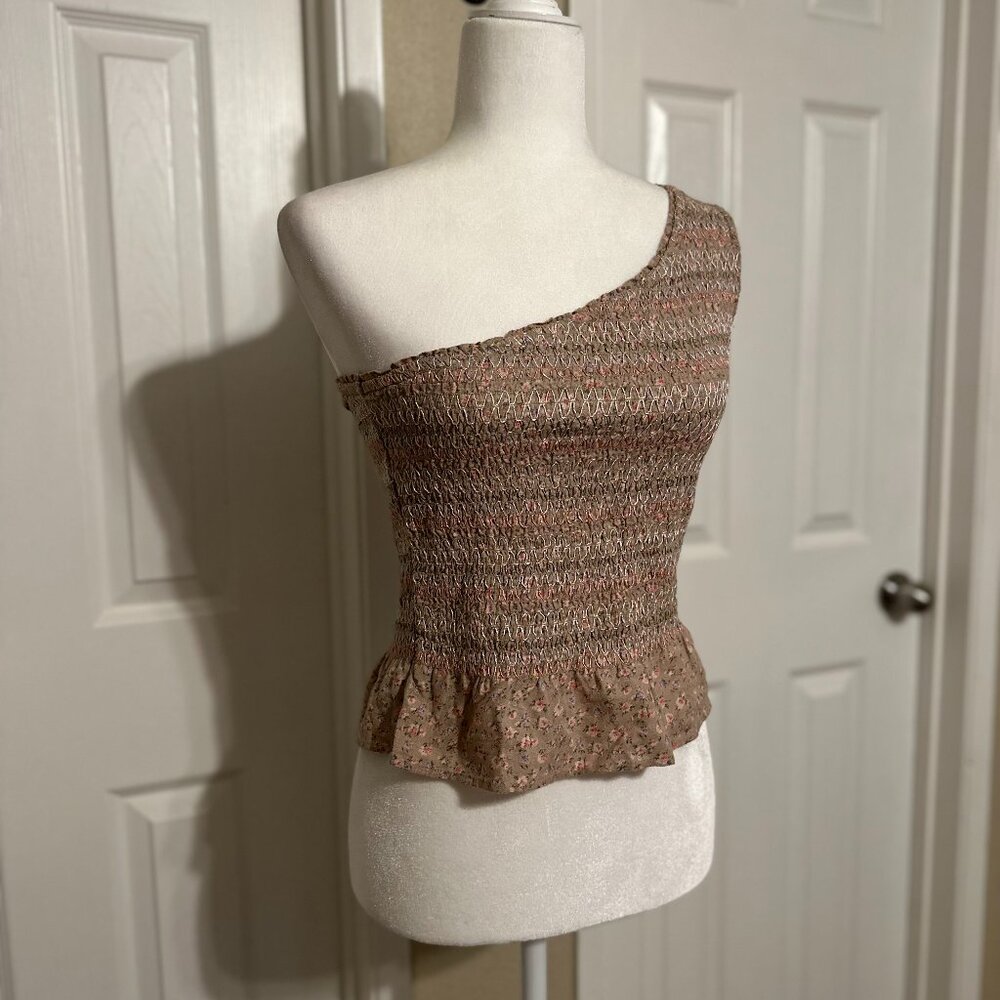 American Eagle One Shoulder Smocked Peplum Top Small Floral Cotton Linen